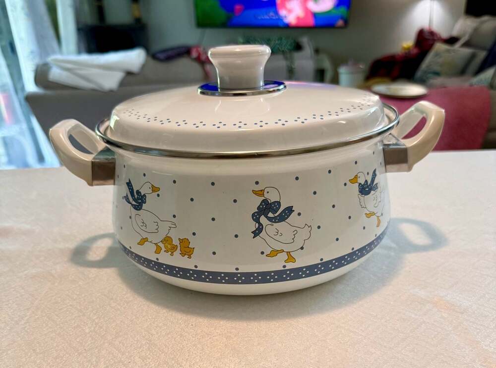 Vintage Enamel Stock Pot with Duck and Polka Dot Print